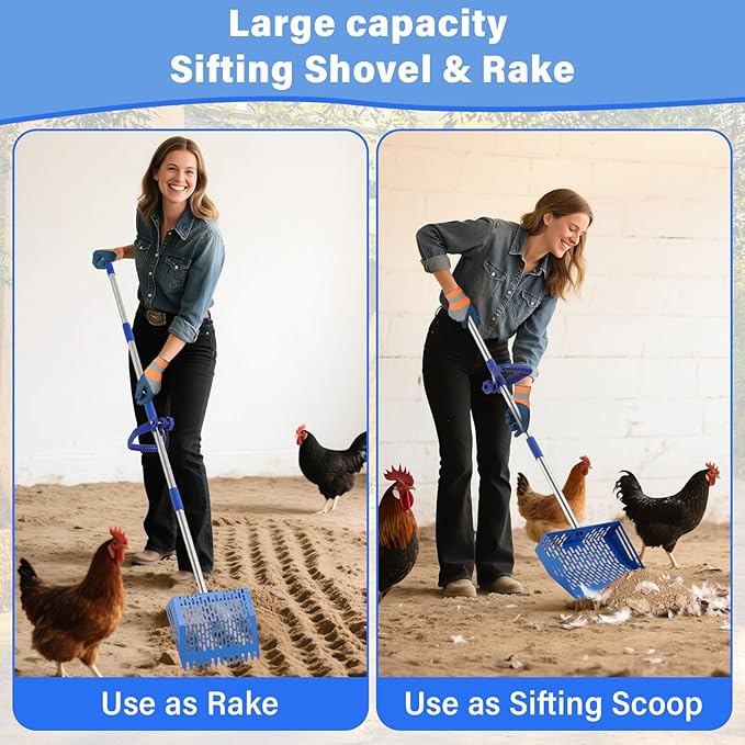 2 in 1 Chicken Poop Scooper & Rake, 10 Inch Sand Sifting Shovel with 35" to 62" Adjustable Stainless Steel Handle, Durable Litter Cleaner with Ergonomic Grip Gloves for Chicken Coop Farm Animal(Blue)