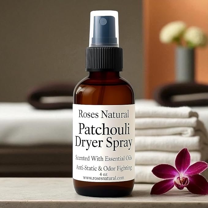 Natural Dryer Ball Spray, 4 oz, Patchouli, Lavender,Essential Oil Laundry Refresher, Fabric Freshener for Clothes, Linens & Wool, Anti-Static & Odor Neutralizer, Made in the USA (Patchouli)