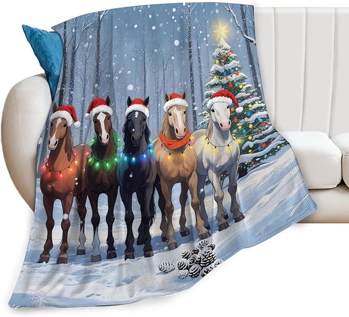 Christmas Horse Blanket, Soft Plush Fleece Animal Throw Blanket - Cozy Warm Stuffed Blankets Bedding Horse Gifts for Women Girls Kids Adults 50"X60"