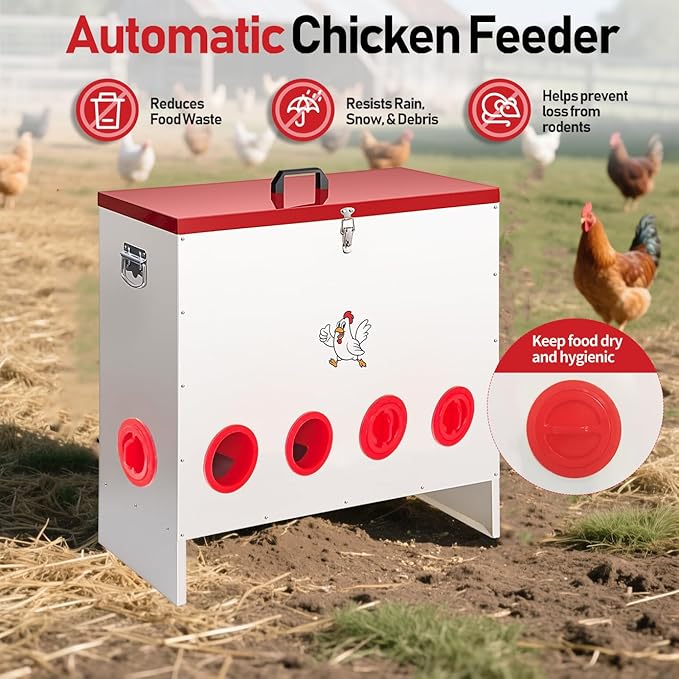Metal Chicken Feeder 120 LBS Capacity, Automatic Poultry Feeder with 10 Ports, No-Waste Weather-Resistant Animal-Proof Outdoor Feed Bin for Chickens Ducks Geese Turkeys