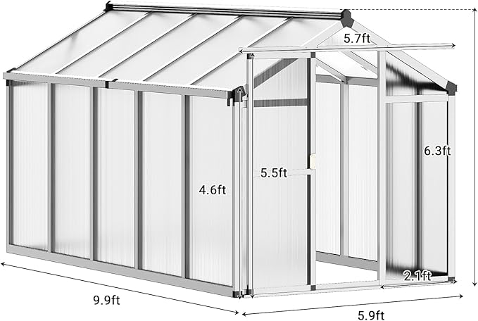 Greenhouse, 6x10 Ft Outdoor Greenhouses, Accessible Green House with Roof Vents and Sliding Doors, Aluminum Frame Polycarbonate Greenhouses, Large Greenhouse for Outdoor Gardens and Backyards, Silver