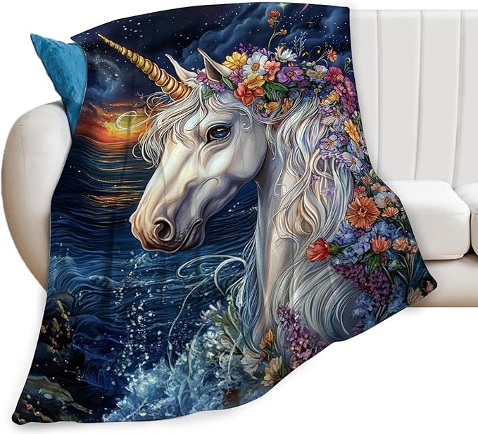 Unicorn Blanket, Ocean Unicorn Throw Blanket, Flower Gifts Blankets Stuff Fleece Flannel Plush for Girls Women Men Boys Lovers Adults Soft Bedding Gift for Sofa Bed Office Home Decor 60"x50"