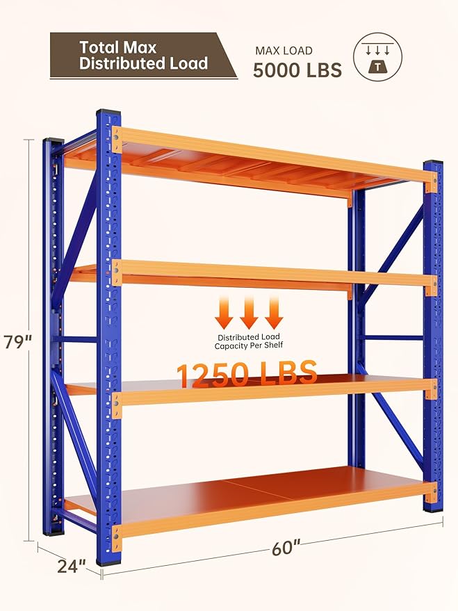 4-Tier Storage Shelves,79" H Heavy-Duty Garage Shelving Unit,Adjustable Metal Industrial Shelf System,4,000lbs Capacity,Tool Organizer for Garage,Workshop,60" W x 24" D x 79" H,Blue&Orange