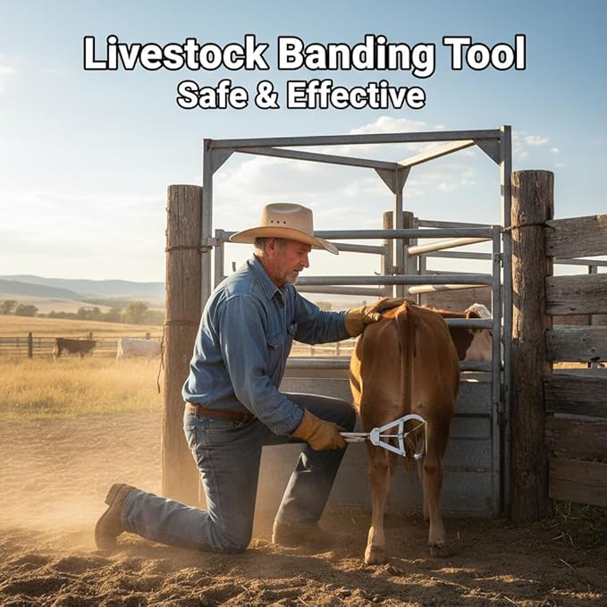 50 Elastrator Bands with Extra Large Stainless Steel Banding Tool Bander Livestock Management Fits Bull,Calves, Goats, Sheep, Easy Application
