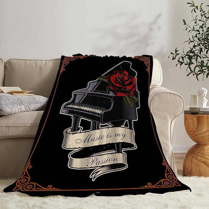 Piano Blanket Decor Gifts for Piano Teacher Flannel Fleece Fuzzy Throw Blanket Soft Warm Cozy Plush Music Blanket for Bed Couch Living Room Stuffed Decoration for Kids Adult 80"x60"