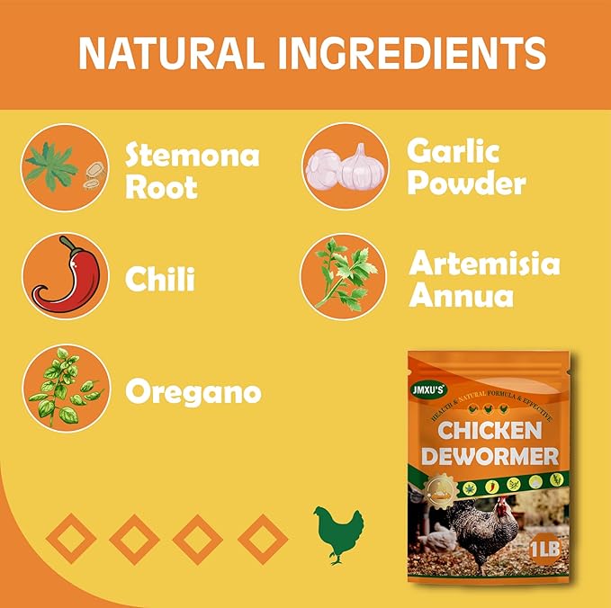 Jmxu's Chicken Dewormer Powder, Natural Formula Poultry Dewormer, Safeguard Chicken Dewormer Powder for Laying Hens, Chicks, Roosters, Turkeys to Relieve and Prevent Worms, 1 LB