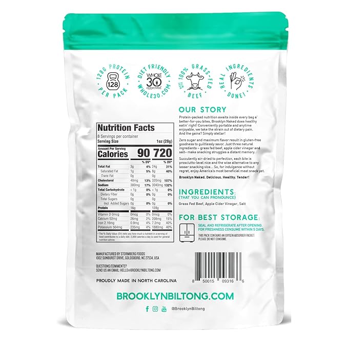 Brooklyn Biltong Carnivore Snack, Air Dried Grass Fed Beef, South African Beef Jerky (8 oz, Pack of 2) - AIP Approved, Paleo, Keto, Gluten Free, Only Salt, Water, and Vinegar, Made in USA