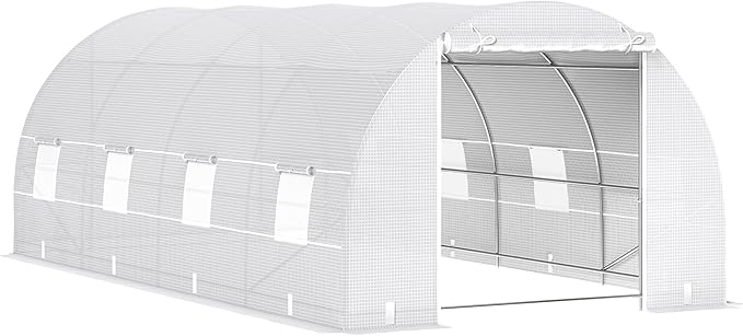 Outsunny 20' x 10' x 7' Walk-in Tunnel Greenhouse with Zippered Door & 8 Mesh Windows, Large Garden Green House Kit, Galvanized Steel Frame, White