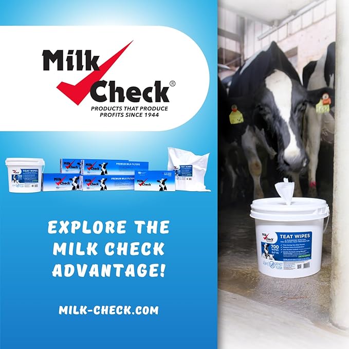 Milk Check Teat Wipes 2 Pack, 1 Pail 1 Refill (1,400 wipes) - Cow, Goat, Sheep Udder Prep - 7 inch x 8 inch Wipes. Reclosable Pail.