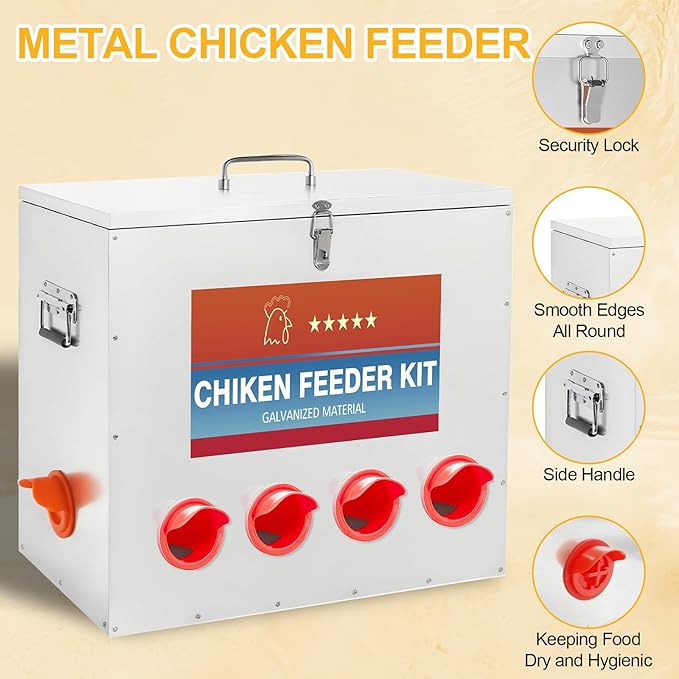 Automatic Chicken Feeder Large Capacity 85lbs Metal Chicken Feeder with Latch & Handle for Chickens, Geese, Ducks, Turkeys, Quails, Weatherproof (10-Port)