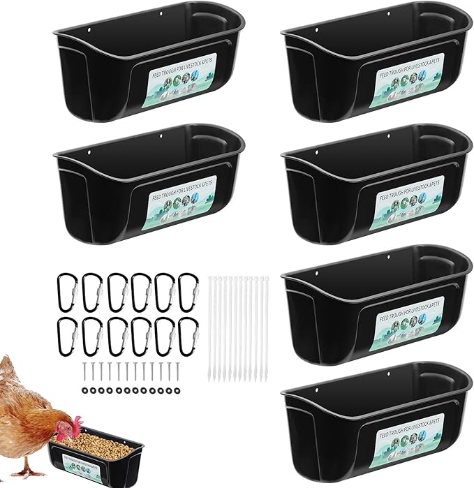 6 Pack Chicken Duck Feeder, Poultry Feeders and Waterers, Hanging Goat Feeder, Livestock Feeding Container, Feed Trough and Waterer Bucket with Clips(Black)