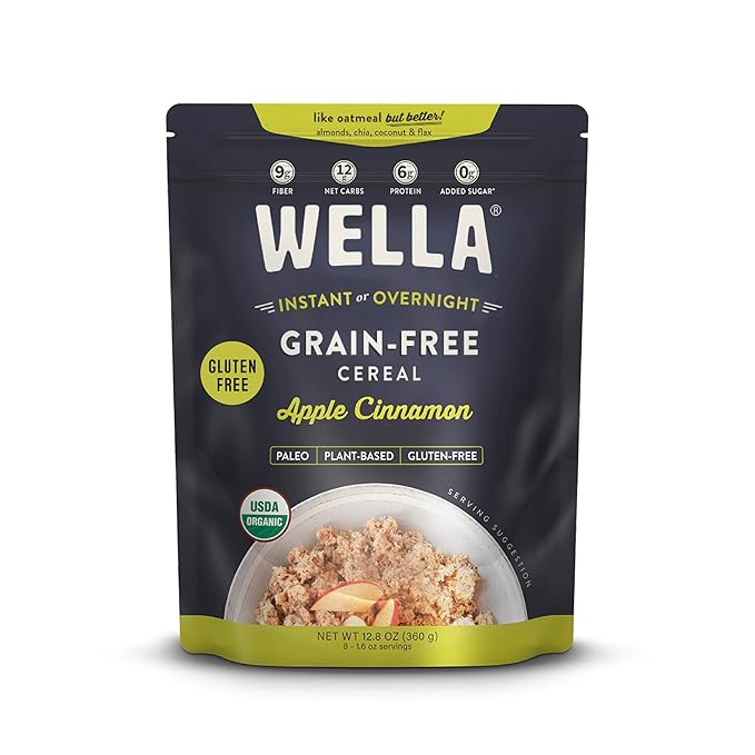 Wella Cereal Oatmeal Alternative, Gluten-Free Breakfast Hot Cereal, Grain-Free Paleo Organic Vegan High Protein Superfood, Plant-Based Non-GMO, Low in Net Carbs, Multi-Serve Bag, Apple Cinnamon Flavor (1 Count, 12.8 oz. Bag)