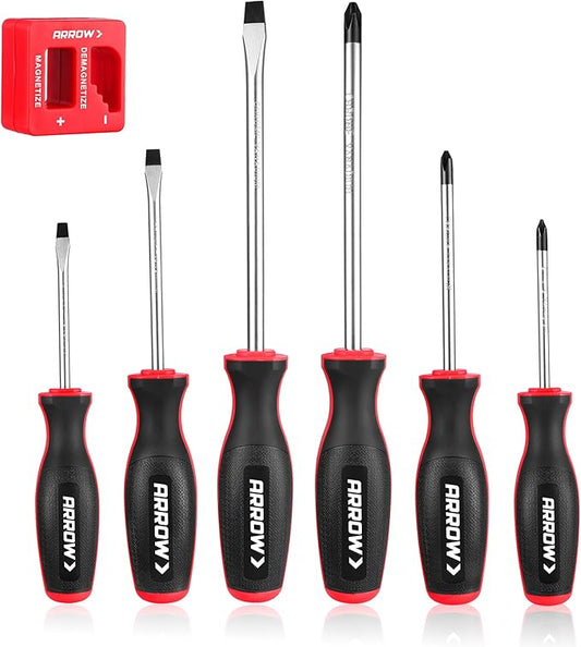 ARROW 6-Piece Magnetic Screwdriver and Magnetizer/Demagnetizer Set, Premium Cr-V Steel Screwdriver Set with Non-Slip Grip, Magnetic Phillips and Flathead Tips, for Home Improvement