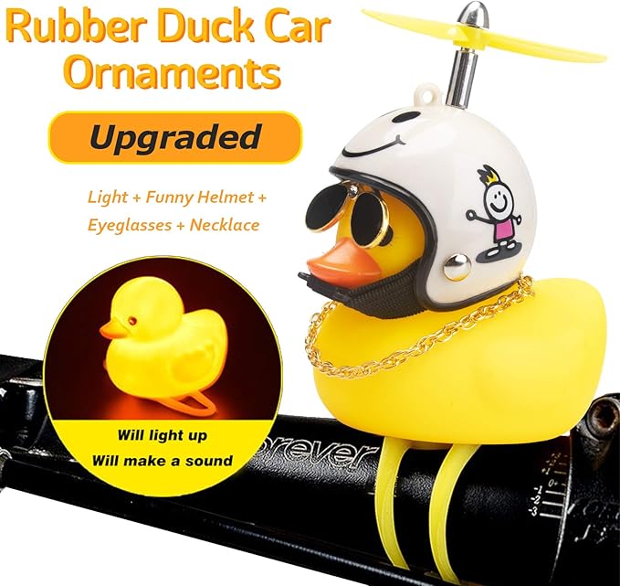 wonuu Rubber Duck Toy Car Ornaments Yellow Duck Car Dashboard Decorations Squeeze Duck Bicycle Horns with Propeller Helmet