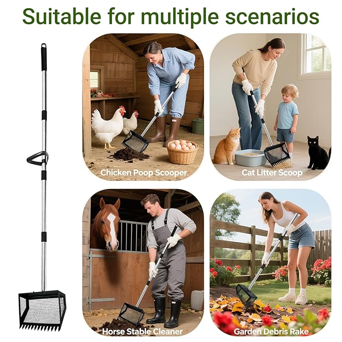 2-in-1 Chicken Poop Scooper & Rake,Chicken Coop Scoop with 304 Stainless Steel Shovel Head, Sand Sifting Litter Shovel (37 to 78")