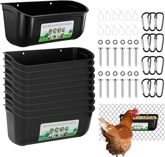 Chicken Feeder Waterer, 10 Pack Duck Feeder Supplies, Hanging Fence Feed Trough with Clips for Goat, Sheeple, Piglet, Gooses, Turkeys, Dog Livestock Poultry, Black