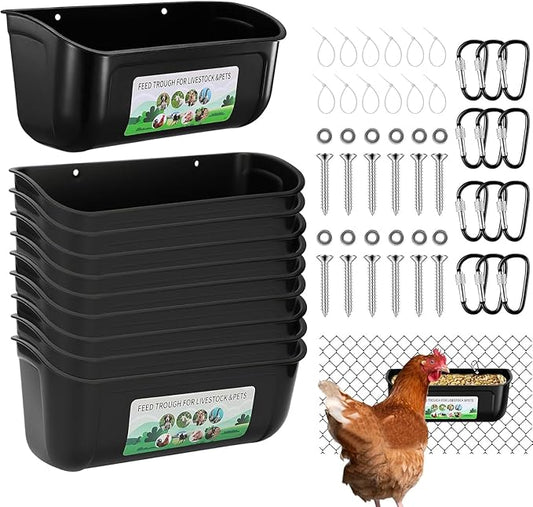 Chicken Feeder Waterer, 10 Pack Duck Feeder Supplies, Hanging Fence Feed Trough with Clips for Goat, Sheeple, Piglet, Gooses, Turkeys, Dog Livestock Poultry, Black