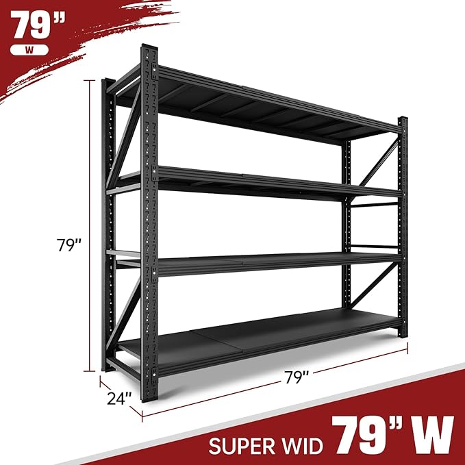 7000LBS Storage Shelves,79" W Garage Shelving Heavy Duty Metal Adjustable Garage Shelves, Shelving Units Industrial Shelving for Warehouse,79" W x 24" D x 79" H,Black