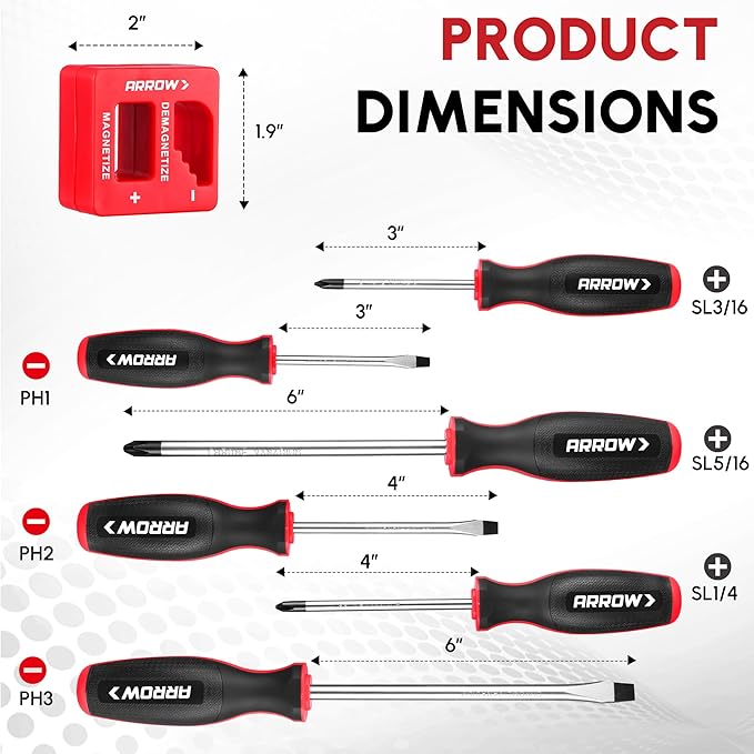 ARROW 6-Piece Magnetic Screwdriver and Magnetizer/Demagnetizer Set, Premium Cr-V Steel Screwdriver Set with Non-Slip Grip, Magnetic Phillips and Flathead Tips, for Home Improvement