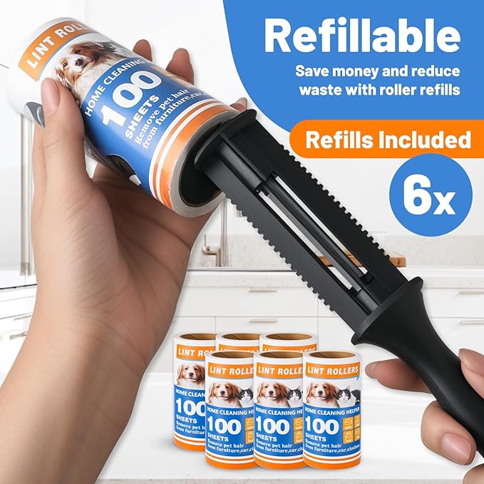 Lint Roller Set 600 Adhesive Sheets (6 Pack) for Pet Hair Extra Sticky - Reusable Fur Remover for Clothes, Furniture, Laundry, Car Seats | Heavy Duty Pet Hair Remover