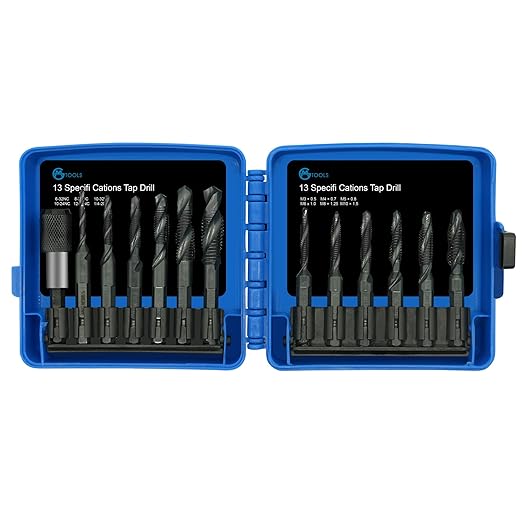 Combination Drill and Tap Bit Set with Quick-Change Adapter of 13Pcs, 6 SAE Sizes: 6-32NC to 1/4-20NC, 6 Metric Sizes: M3 to M10,Suitable for Drilling Tapping Threading Countersinking