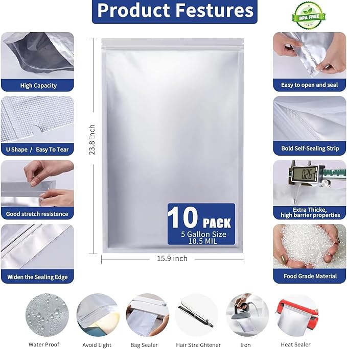 10 Pcs 5 Gallon Mylar Bags with 10 Pcs Individually Wrapped 2500CC Oxygen Absorbers for food storage, Zipper Resealable Heat Sealable Bags, 23.6"x15.7" with label paper.