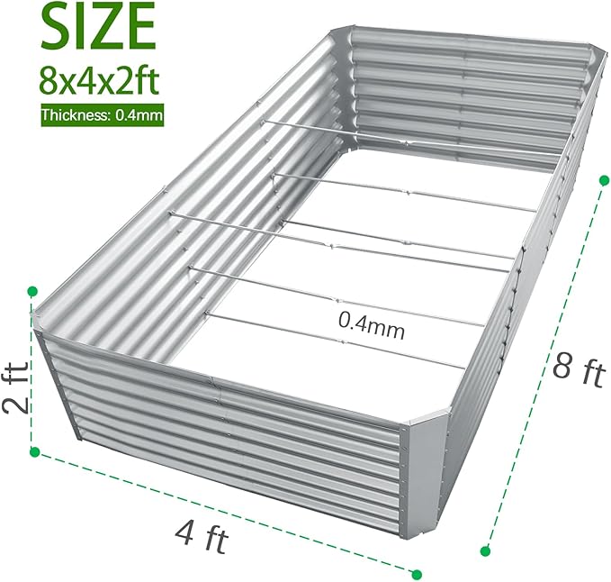 8x4x2ft Galvanized Raised Garden Bed, Planter Raised Garden Boxes Outdoor, Large Metal Raised Beds for Gardening, Garden Bed for Vegetables, Flowers, Herb, Silver