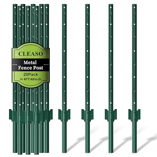 20 Pack Metal Fence Posts, 4ft Heavy Duty U-Post, Green Garden Stakes, No-Dig Post Anchors for Wire Fences, Temporary Fencing, Electric Fence, and Corner Support