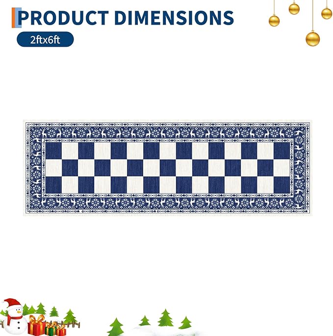 GarveeHome Blue 2x6 Runner Rug, Washable Rug for Christmas Decor, Indoor Non Slip Carpet, Checkered Soft Low Pile Christmas Rugs for Kitchen, Entryway, Living Room, Bedroom