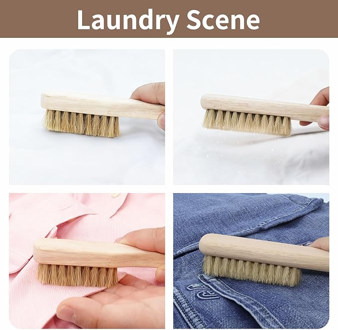 Wood Laundry Stain Brush Set (Large + Small) with Boar Bristles – Tough Stain Remover for Delicates, Cotton, Linens & Shoes, Laundry Scrub Brushes for Clean Fabric