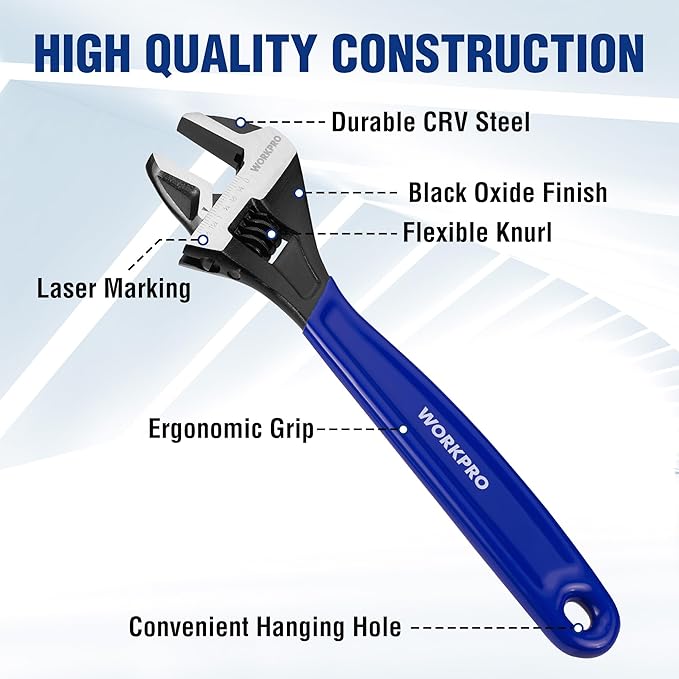 WORKPRO 3-piece Adjustable Wrench Set, 6-Inch & 8-Inch & 10-Inch Wrenches, Wide Jaw Black Oxide Wrench, Metric & SAE Scales, Cr-V Steel, for Home, Garage, Workshop