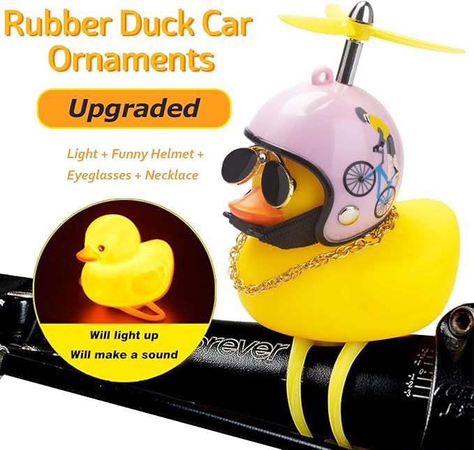 wonuu Rubber Duck Toy Car Ornaments Yellow Duck Car Dashboard Decorations Squeeze Duck Bicycle Horns with Propeller Helmet