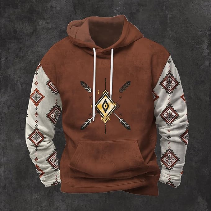 Mens Hooded Sweatshirt Vintage American Element Long Sleeve Fall Hoodie Classic Drawstring Front Pocket Pullover