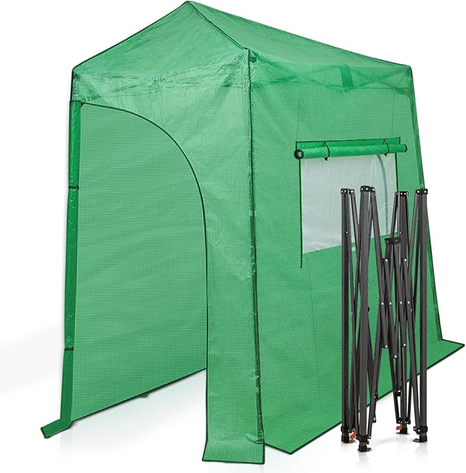 EAGLE PEAK Instant Pop-up Greenhouse, Indoor Outdoor Plant Gardening Green House, Roll-Up Zipper Doors and Side Windows, Lean-to 9x4 ft, PE Cover, Green/Clear