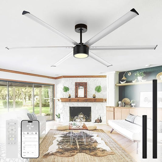84 Inch Industrial Ceiling Fan with Light,2 Downrods,6-Speed,Large Ceiling Fan with Remote and APP,6 Reverisble Aluminum Blades,Outdoor Ceiling Fans for Patios/Shop/Garage/Commercial Black