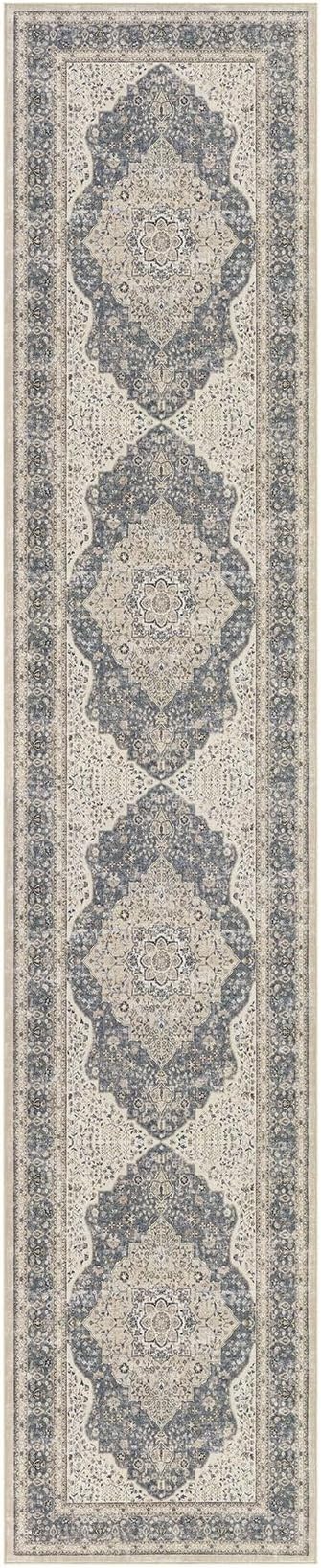 Washable 3x14 Hallway Runner Rug - Vintage Floral Stain & Fade Resistant Non-Slip Backing Ultra-Thin Long Carpet for Entryway, Bedroom, Kitchen, Corridor Decor(Blue/Beige)