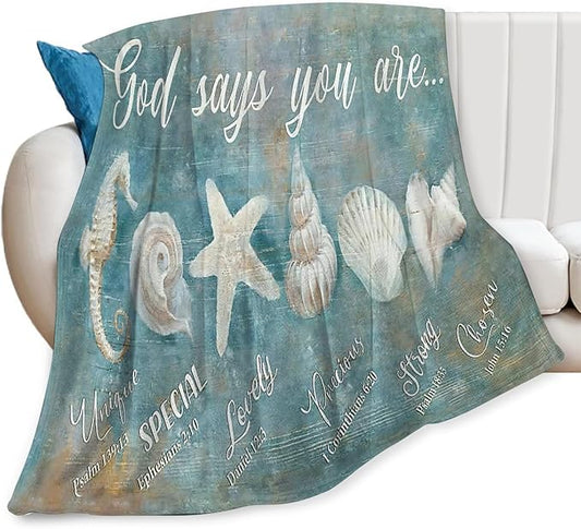 Tijuboni Ocean Seashells Throw Blanket - God Says You are - Beach Nautical Gifts for Women Men Girls Boys Kids Adults Soft Flannel Fleece Blanket for Couch Sofa Bed Home Decor 50"x60"