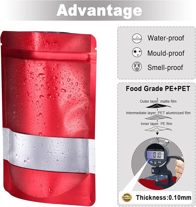 4.7"x7.8" 120pcs Mylar Bags for Food Storage,Smell Proof Bag with Matte Window Resealable Food Storage Bags for Small Business, Stand-up Foil Pouch Packaging Freeze Dried Candy Bag(Red)