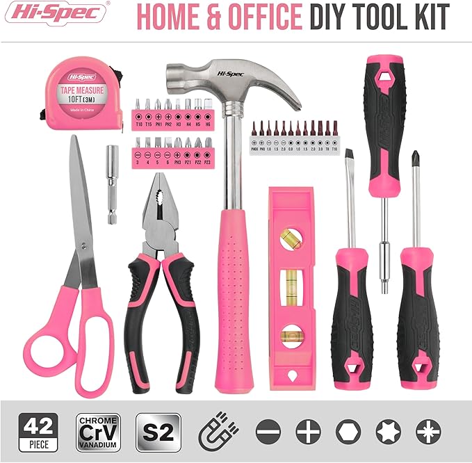 Hi-Spec Tool Kit, General Household Hand Tool Set with Toolbox Storage Case, All-in-One Compact Toolkit for DIY & Dorm Use, Pink
