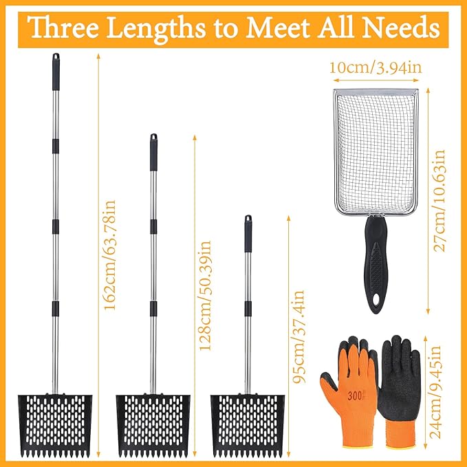 Chicken Poop Scooper and Rake 2-in-1 Metal Coop Scooper 15 to 65" Adjustable Stainless Steel Handle, with Small Net Shovel and Gloves Chicken Coop Goat Stall Stable Cleaning Tools