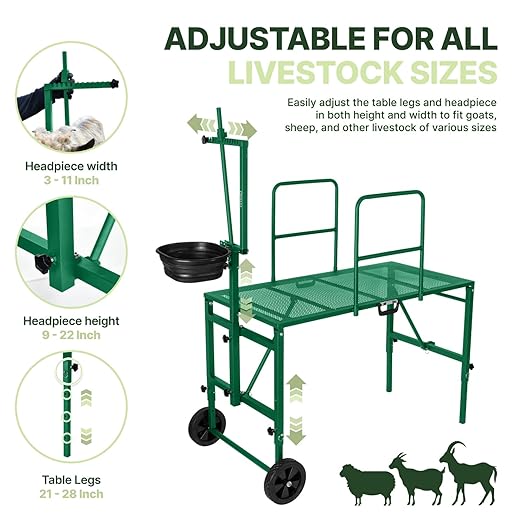 Goat Stand with Adjustable Headpiece & Legs, Goat Milking Stand with Feeder, Rails & Wheels, Stanchion for Grooming & Hoof Trimming, Sheep Stand for Shearing Heavy-Duty Steel Platform, Green