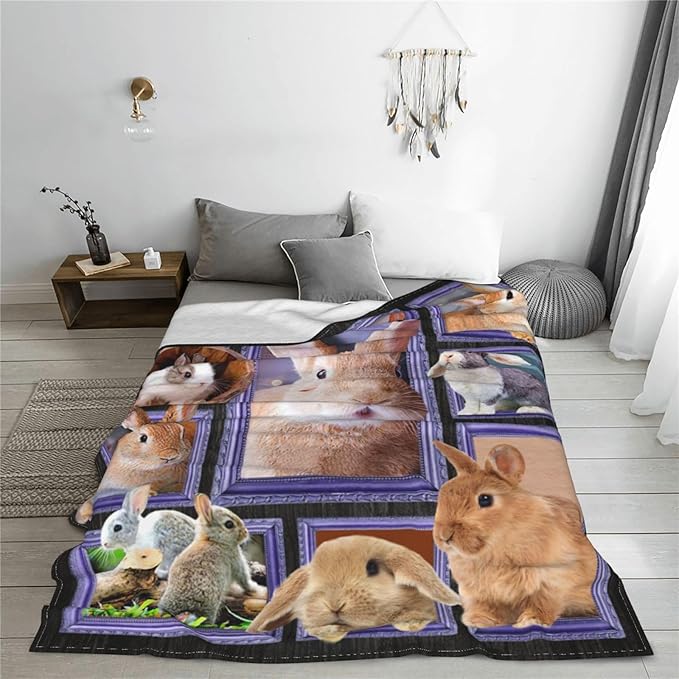 Rabbit Blanket Bunny Decor Throw Blanket Super Warm Soft Plush Lightweight Fleece Flannel Animals Blanket Rabbit Gifts for Women Girls Boys Men Kids for Winter Couch Bedding 50"X60"