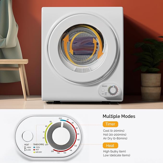 ROVSUN 110V Portable Clothes Dryer, High End Laundry Front Load Tumble Dryer Machine with Stainless Steel Tub & Simple Control Knob for Apartment, Dorm-850W, White