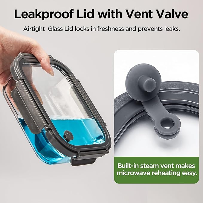 Glass Food Storage Containers with Glass Lids, 4 Pack Meal Prep Container with Airtight Lids, Microwave Safe Food Container Set, BPA Free, LeakProof, Ideal for Lunch