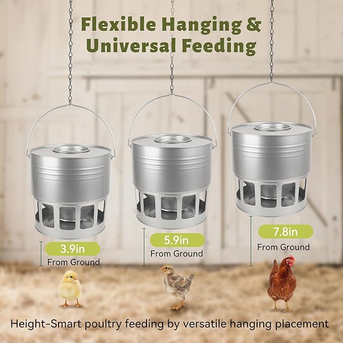 KOL Hanging Chicken Feeder – 20lbs Metal Chicken Feeder, Adjustable Poultry Feeder with 12 Ports, No Installation & Universal Height Design (Silver)