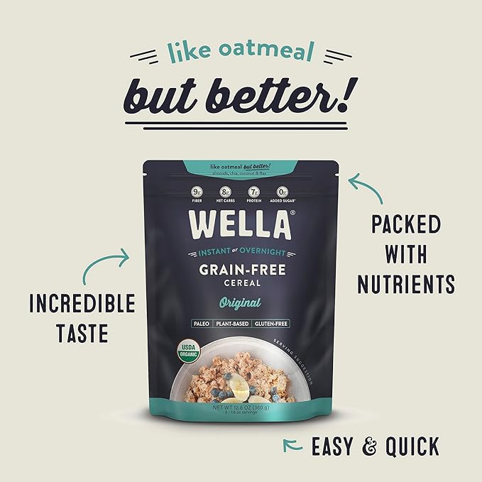 Wella Cereal Oatmeal Alternative, Gluten-Free Breakfast Hot Cereal, Grain-Free Paleo Organic Vegan High Protein Superfood, Plant-Based Non-GMO, Low in Net Carbs, Multi-Serve Bag, Original Flavor (1 Count, 12.8 oz. Bag)