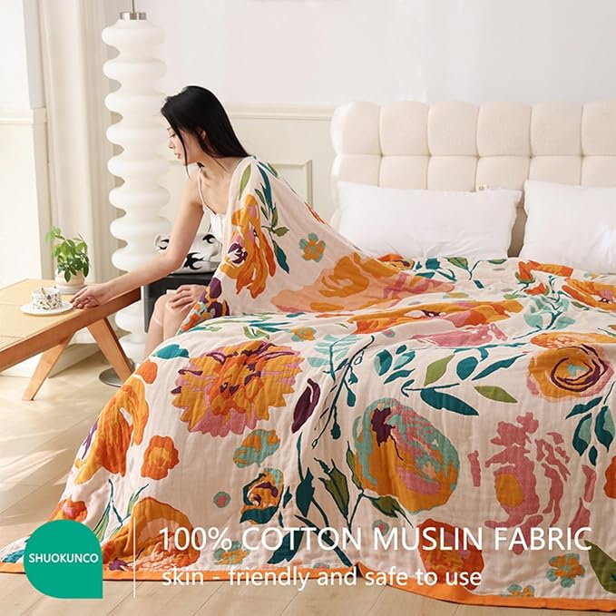 Boho Throw Blanket for Bed 100% Cotton Ultra Soft Rustic Quilt Floral Printed Farmhouse Decor Fall Bed Blankets,90"×98" All Season Rustic Large Throw for Sofa Couch Chair