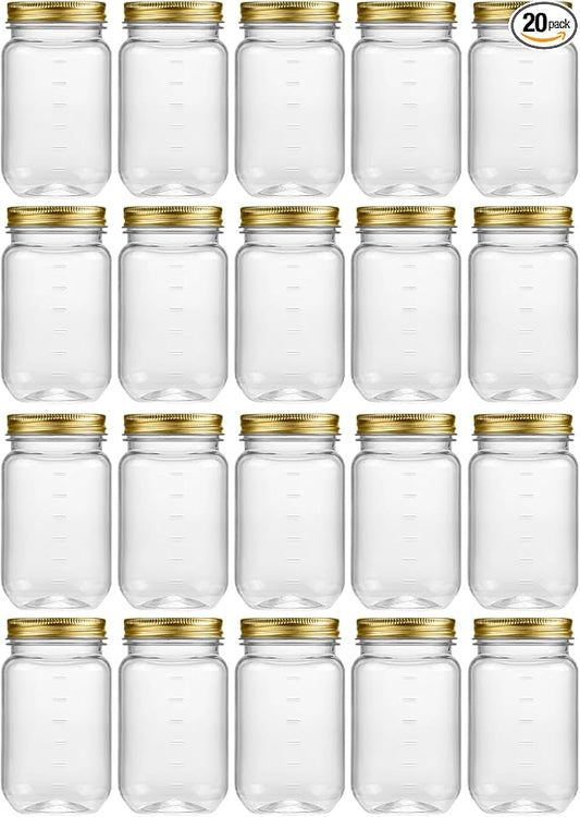 novelinks 16 oz Clear Plastic Jars with Screw-On Lids - BPA-Free Refillable Storage Containers for Slime, Food, Crafts, Kitchen & Household Use (20 Pack,Gold)