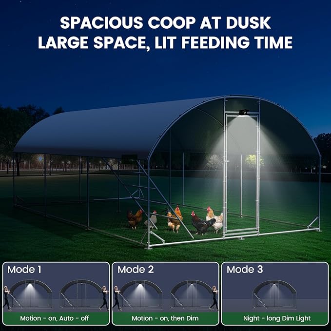 Chicken Coop Large Metal Chicken Run with Full-Top Waterproof Cover - Chicken House for 24/30 Chickens, Poultry Cage with Solar Light, Backside Poles, Walk-in Pen for Rabbits Ducks Yard 3 Room