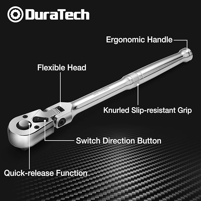 DURATECH 3-Piece Flex-Head Ratchet Set, 1/4", 3/8", 1/2" Drive Ratchet, 72-Tooth with Quick-Release Reversible Design, Chrome Alloy Made, Fully Polished, Organized in Storage Case